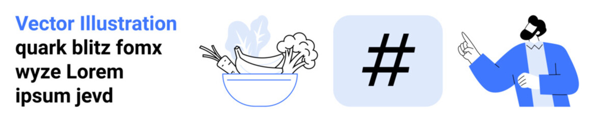 Obraz premium Man gestures to large metadata tag next to a bowl of vegetables including broccoli, carrots, and leafy greens. Ideal for health, trends, social media, wellness, sustainability, communication simple