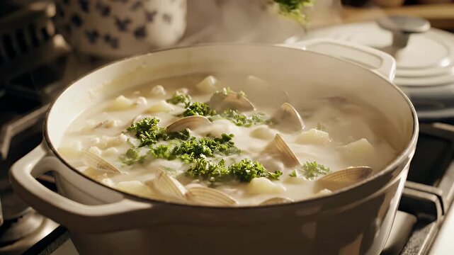 Chopped parsley falls onto steaming clam chowder in pot