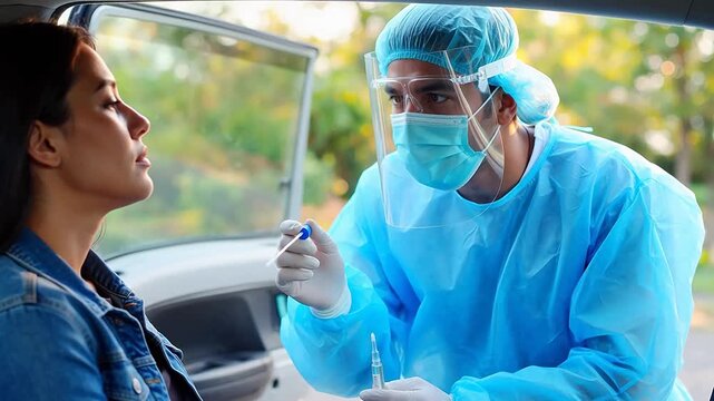 Healthcare worker administering nasal swab test