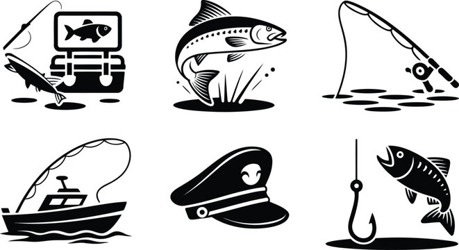 Monochrome fishing set with fish rod cooler boat captain hat and hook black white