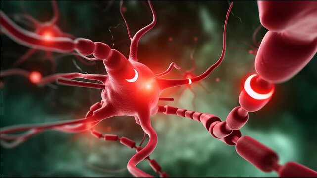 Neural network machine learning visual concept with glowing red neuron structure and green neuron connection, axon synapse nerve network science