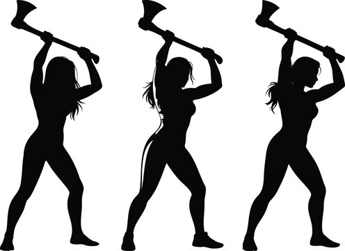 Three black female silhouettes holding double headed axes in dynamic poses women figures