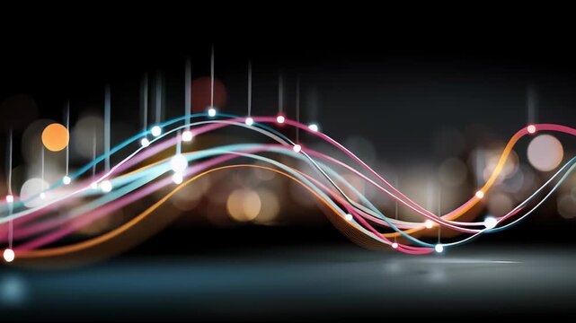 Data wave machine learning visual glow over abstract city background with neon light trail line futuristic energy flow