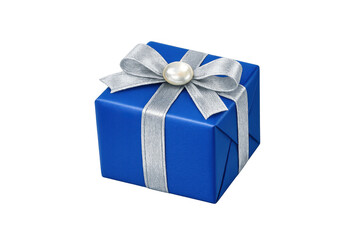 Obraz premium Blue gift box featuring a silver ribbon bow adorned with a pearl, representing holidays, celebrations, and special occasions
