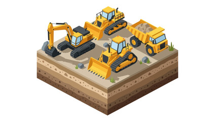 Heavy Construction Equipment on an Isometric Cross-Section of Earth. © Ndog