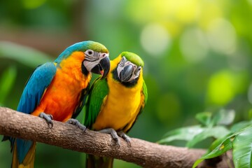 Obraz premium Beautiful Macaw Pair Preening Each Other on a Branch with Realistic Colors in Nature