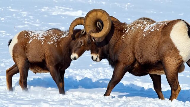 Two rams locking horns in snow