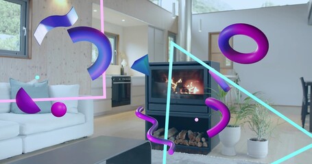 Fototapeta premium Burning freestanding black stove glowing in open-plan home, with purple 3D shapes and cyan overlays