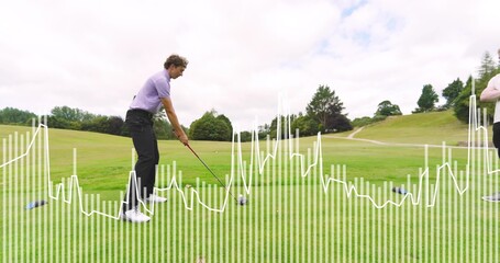 Preparing adult golfer in light purple polo holding driver at golf tee, showing data overlay