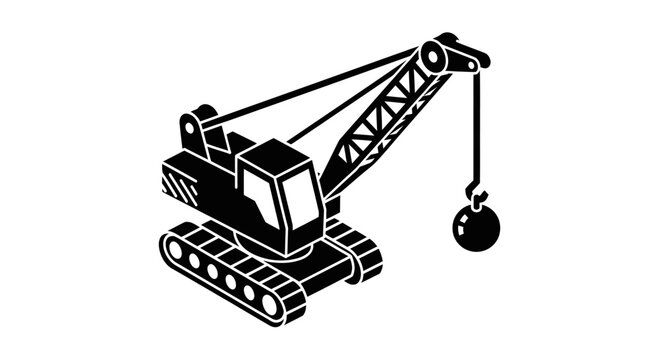 Heavy-duty demolition crane with wrecking ball on tracks.
