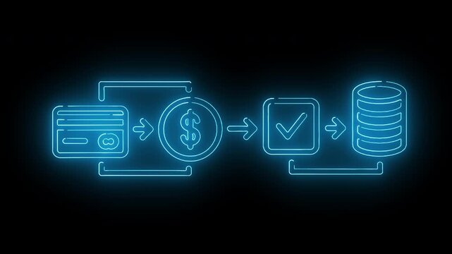 Neon-lit illustration of a payment process with money, dollar sign, checklist, and database icons on a black background with a futuristic feel.