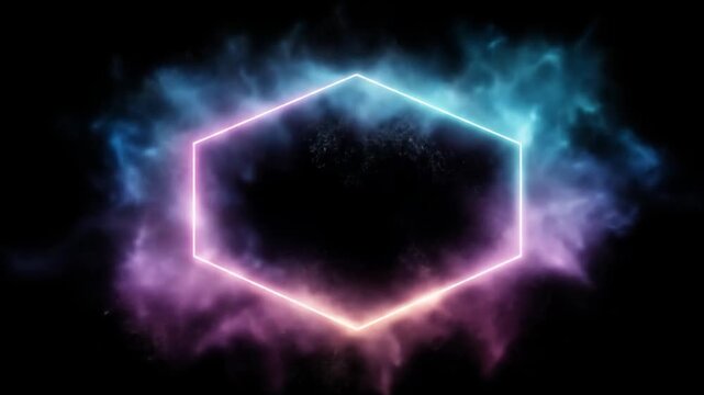 Abstract neon hexagon frame with smoke on dark background for design