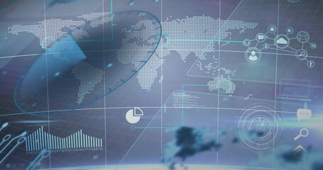 Displaying dotted world map and HUD overlays over virtual globe with radar, charts, network icons © vectorfusionart