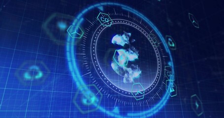 Obraz premium Displaying circular hologram interface rotating and pulsing over blue grid, with CO2 hex icons