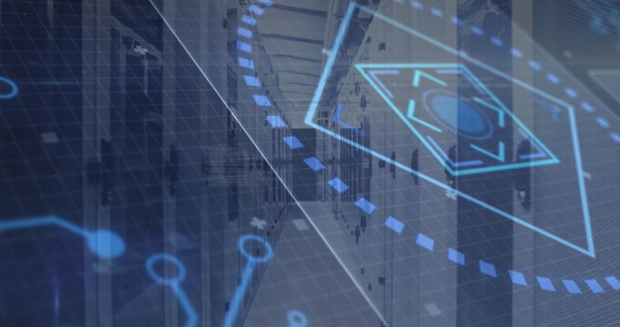 Displaying central server racks down data center aisle, with HUD overlays and LED lights