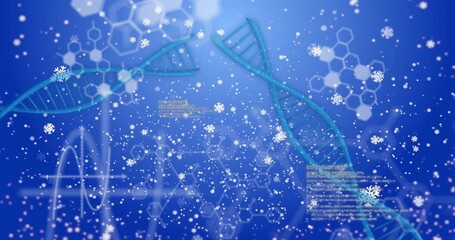 Displaying large blue-green DNA helix floating in digital lab illustration, with snowflake motifs