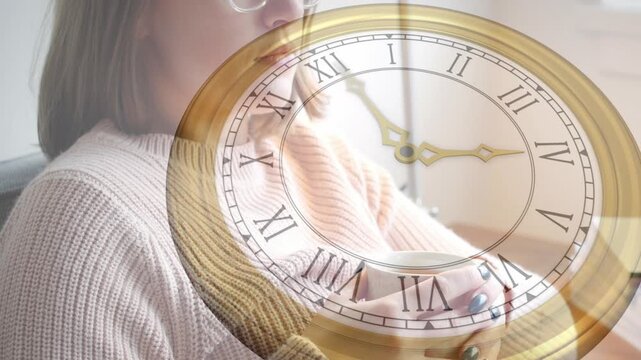 Woman on sofa holding mug rotating clock overlay gaze shifting causing zooming specs showing health