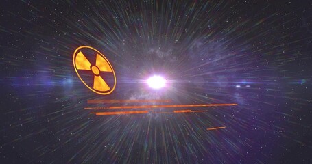 Fototapeta premium Glowing radioactive trefoil emblem floating left in deep space, showing orange HUD bars, copy space