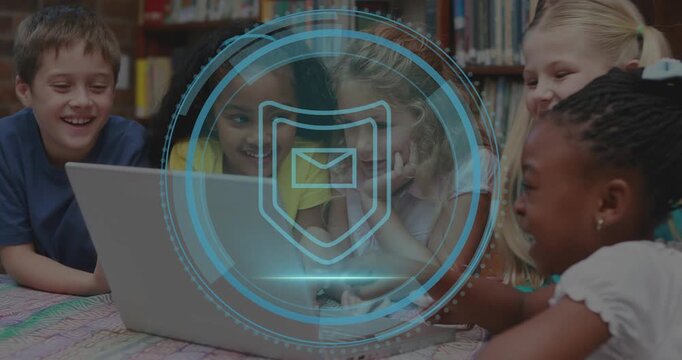 Pupils tapping laptop starting security HUD shield envelope scanning centering over group lesson
