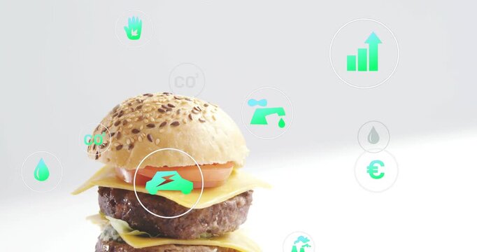 Camera shifting down, burger assembling while turquoise icons orbiting and highlighting eco metrics