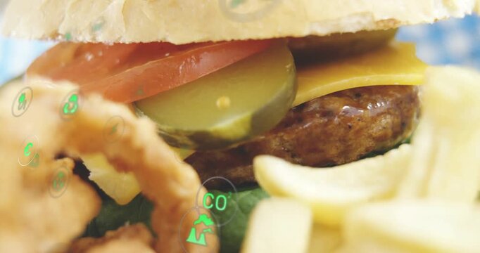 Eco icons appearing, starting onion ring moving into front, showing burger and fries