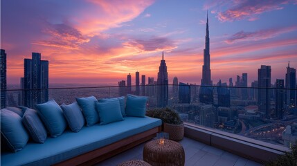 Fototapeta premium Rooftop terrace with view of Dubai skyline at sunset with sofa and cushions for relaxation and real estate market insight