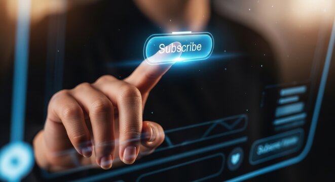 Close up of hand pressing a virtual subscribe button to build a loyal audience and customer base.