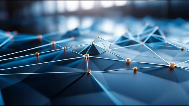 Machine learning network abstract visual background with glowing connection node polygon surface depth of field futuristic technology concept