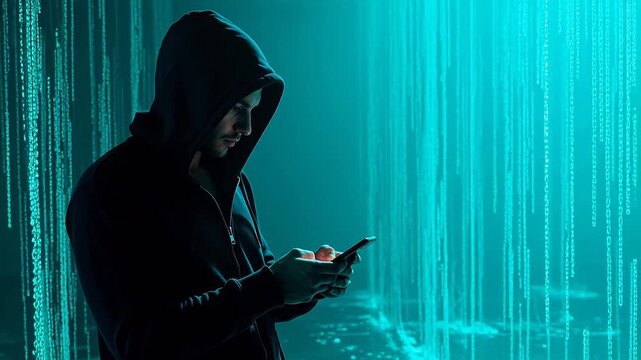Hacker in hooded jacket using phone