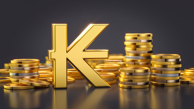 Laos Kip currency symbol with gold coins financial concept
