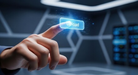 Close up of hand pressing a virtual upload button to save files to a secure cloud storage repository.