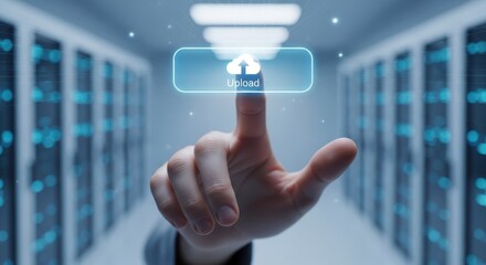 Close up of hand pressing a virtual upload button to save files to a secure cloud storage repository.