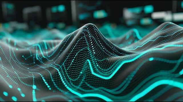 Machine learning visual wave data landscape glowing cyber surface abstract digital grid futuristic background technology concept depth field