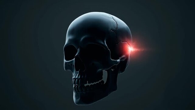 Anatomy of black human skull profile with glowing red neural pain point representing medical migraine or brain injury visualization in cinematic style