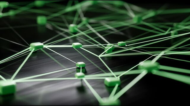 Network connection data machine learning artificial intelligence visual technology abstract green polygon mesh background depth with futuristic node
