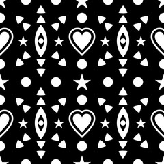 High-contrast black and white seamless ethnic geometric pattern featuring hearts, stars, and abstract symbols. Editable vector repeat, perfect for textiles, wallpaper, packaging, wrapping paper, and m