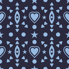 High-contrast seamless ethnic geometric pattern in navy and light blue featuring hearts, stars and abstract symbols. Editable repeat for textiles, wallpaper, packaging and modern surface design.