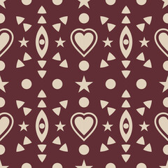 Vibrant pink-red seamless ethnic geometric pattern featuring hearts, stars and abstract shapes. Editable repeat perfect for fashion textiles, wallpaper, packaging, gift wrap and bold backgrounds.