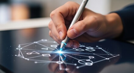 Detailed focus on a hand holding a stylus pen drawing on a digital surface that emits glowing white lines and geometric shapes