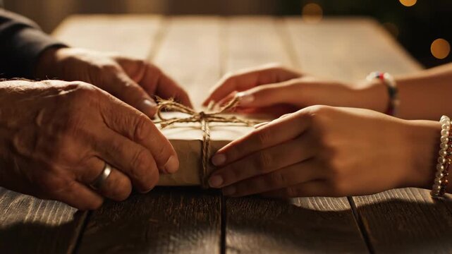 Hands exchanging a wrapped gift on a rustic wooden table, close-up shot.