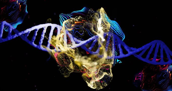 Central glow sparking gold cloud growing, curling, wrapping over blue helix, visualizing flow