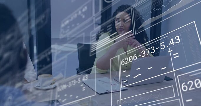 Main speaker opening business meeting, pointing to laptop, HUD overlaying scene showing charts