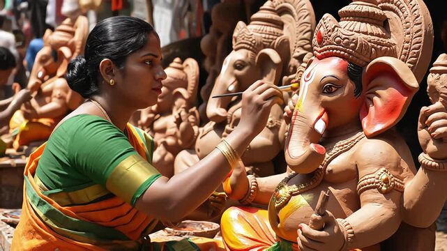 Indian woman artist painting handcrafted clay idol of Lord Ganesha for Ganesh Chaturthi festival preparation