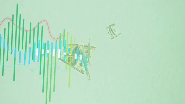 Left cluster appearing multicolored bars expanding while bills drifting, visualizing money flow