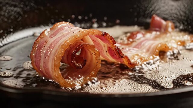 Strip of bacon curling and cooking in hot pan