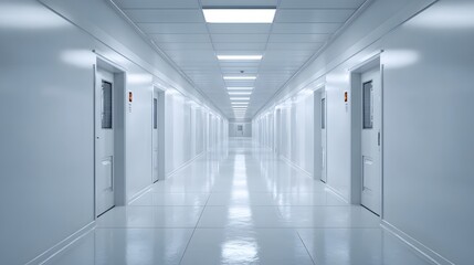 Fototapeta premium Long Hospital Corridor with Doors and Bright Overhead Lighting.