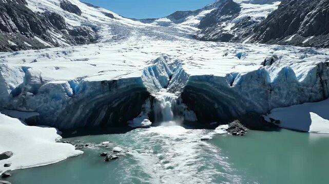 Majestic glacier with waterfall flowing into turquoise water