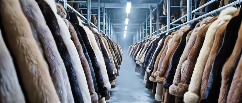 Cinematic view of rows of luxury fur coats hanging on metal racks in a cold storage warehouse facility