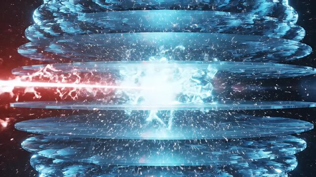 Abstract vortex of blue energy disks with a bright light beam penetrating