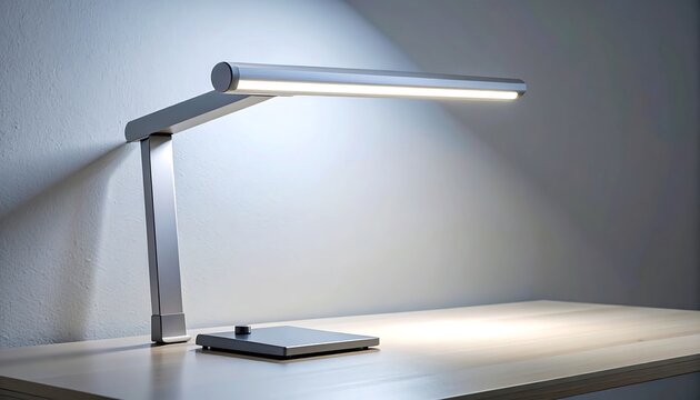 Modern silver LED desk lamp with adjustable arm on wooden surface image photo